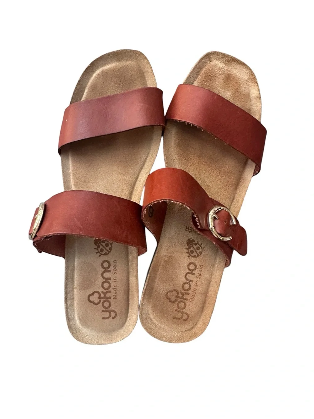 Yokono Rust Red Leather Cork Wedge Sandals Double Straps Size 9